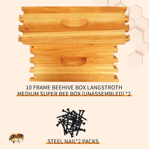 2 Pack 10 Frame Langstroth Medium Super Bee Box Dipped in Beeswax Beehive Box for Beekeeping Supplies - size: 2 Pack Medium Super Bee Box