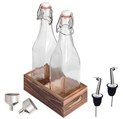 Glass Bottle Set of 2-17oz with Flip Top Airtight Lid, Pourer and Funnel - Reusable Swing Top Stoppers and Leak Proof for Oil, Vinegar, Water, Infusions and Juices