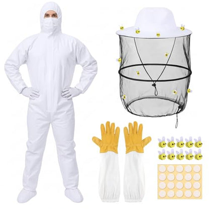 Preboun 35 Pcs Beekeeper Costume Set, Beekeeper Suit Hat with Veil Gloves Felt Bee for Bee Keeper Catcher Cosplay Halloween - size: X-Large