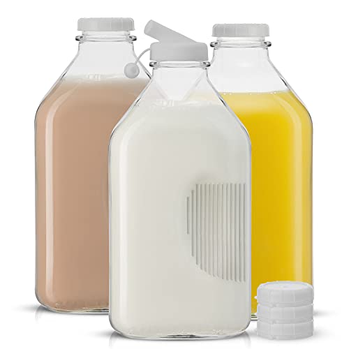 JoyJolt Glass Milk Bottles with Lids and Pourer – 64 Oz, 3 Pack Airtight Heavy Duty Reusable Glass Bottles, Leakproof, BPA-Free, Food Grade, Dishwasher Safe Jug, Pitcher for Milk, Juice, and Water - size: 64 Oz
