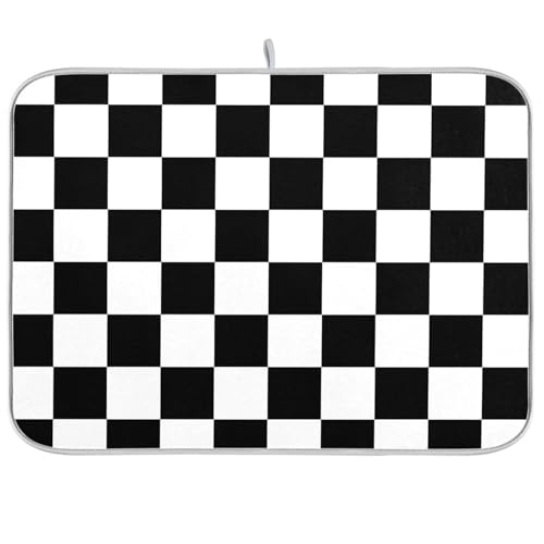 Checkered Black and White Dish Drying Mat for Kitchen Counter Drainer Rack Mats for Dishes Washable Absorbent Draining Heat Resistant Pad for Countertop 18x24 - color: Checkered Black and White, size: 18'' x 24''