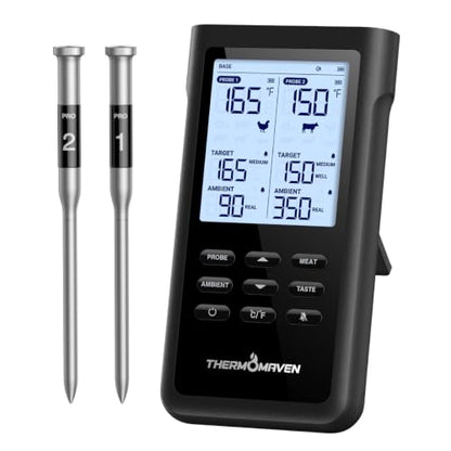 ThermoMaven Sub-1G Wireless Meat Thermometer, No App Needed, 2 Probes | 3000FT Long Range, Digital Smart Base, 6 Sensor NIST Accuracy, IPX8, BBQ Smoker Grill Oven Brisket Steak Turkey Pork Roast - color: Black