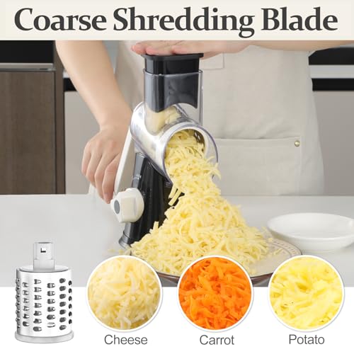 Cambom Rotary Cheese Grater Hand Crank Cheese Shredder for Fresh Cheese, Vegetable, Nuts,Non-slip Suction Base, Five Blades, Black - color: Black, size: 5 BLADES