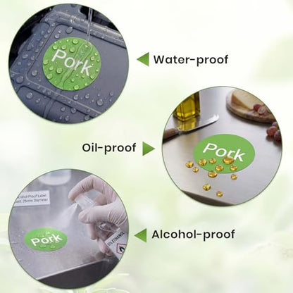 1000 Pcs Pork Food Labels 1 Inch, Vinyl Green Round Food Stickers Waterproof Oil Proof Adhesive Roll for Deli Sandwich Shop BBQ Catering Restaurant