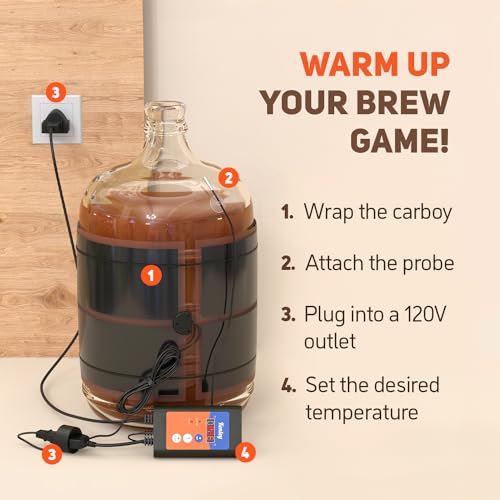 Fermentation Heater Carboy Warmer - Kombucha Heating Wrap with Thermostat for Temperature Control - Electric Heat Pad Belt for Home Fermenting & Brewing - Fits Most Fermenter Vessels 2 to 8 Gallons