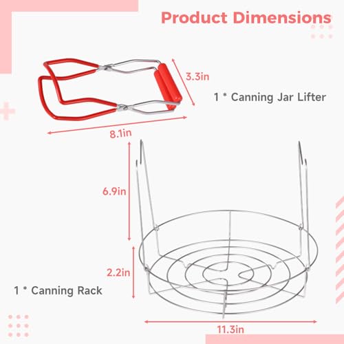 Canning Rack Jar Lifter - 11.3 Inches Canning Rack with Tong, Stainless Steel Canning Steamer Set, Canning Rack for Water Bath Canner for Wide Mouth or Regular Mouth Mason Jars, Ball Jars