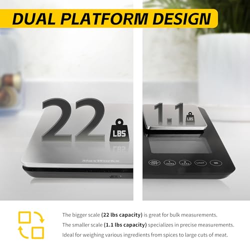 MaxWorks Precision Dual Platform Kitchen Scale Measure Bulk and Fine Ingredients Simultaneously 22 lb Max Capacity Stainless Steel and Glass Digital Scale with USB Charging and 2 Way Power (51069)