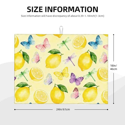 Kitchen Drying Mat for Countertop Fresh Lemon Butterfly Garden Pattern Non-Slip Kitchen Counter Mat for Dishes Glassware - color: Yellow Soft Green