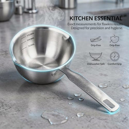 Mini 304 Stainless Steel Oil Ladle with Seasoning Bowl, Small Melting Sauce Pot, Butter Warmer with Pour Spout, Ergonomic Handle, Measuring Scale, for Cooking & Serving