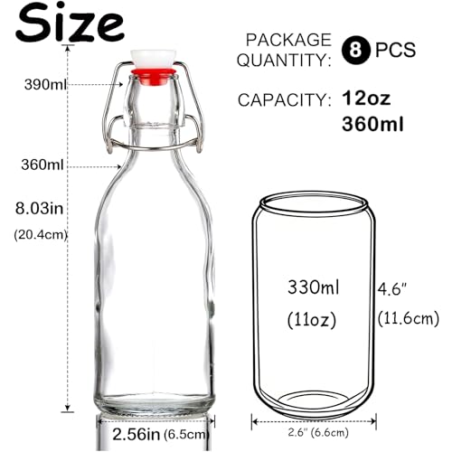 8 Pack flip top glass bottle 12 oz,swing top glass bottles 12oz with airtight lids for home brewing,kombucha,kefir,vanilla extract,beer,oil,vinegar,homemade juices,soda,beverages,2nd fermentation