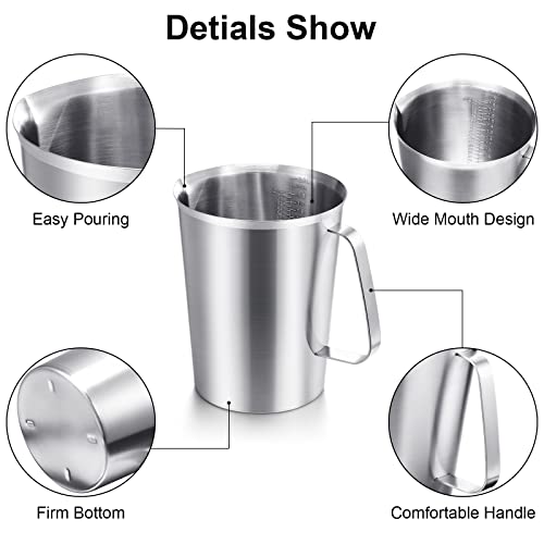 Flutesan 3 Pcs Stainless Steel Measuring Cups Measuring Pitcher with Handle with Markings for Latte Art, Water Pouring 2/4/8 Cup (16/32/64 oz)