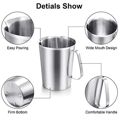 Flutesan 3 Pcs Stainless Steel Measuring Cups Measuring Pitcher with Handle with Markings for Latte Art, Water Pouring 2/4/8 Cup (16/32/64 oz)