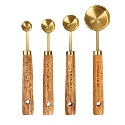 GuDoQi 8Pcs Gold Measuring Cups and Spoons Set, Wooden Handle, Premium Stainless Steel with Metric & US Measurements, Nesting for Dry/Liquid Kitchen/Food/Baking - color: Golden
