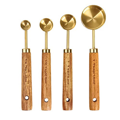 GuDoQi 8Pcs Gold Measuring Cups and Spoons Set, Wooden Handle, Premium Stainless Steel with Metric & US Measurements, Nesting for Dry/Liquid Kitchen/Food/Baking - color: Golden