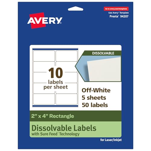 Avery Dissolvable Rectangle Labels, Sure Feed Technology, 2" x 4", Matte White, Laser/Inkjet Printable, 50 Labels Total, Freezer-Safe, Microwave-Safe, Refrigerator-Safe - style: 50 labels