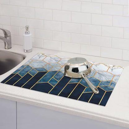 Blue Marble Texture Leaves Dish Drying Mat 18x24 For Kitchen Counter Absorbent Microfiber Dishes Pad Dish Drainer Rack Mats Fast Dry Kitchen Accessories - color: Blue Marble Texture Leaves