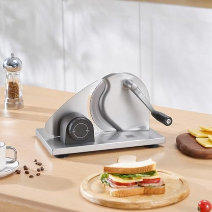 VEVOR Manual Bread Slicer, 0-0.6" Adjustable Thickness Cheese Cutter, Hand Cranked Slicer for Homemade Bread - with Serrated Stainless Steel Blade for Kitchen, Restaurant, Bakery, Party - size: 12.2 x 10.04 x 7.48 in