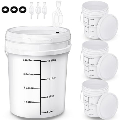 Ziliny 4 Pcs White 5 Gallon Fermentation Bucket with Twin Bubble Airlock Grommets Lid Brewing Wine Fermenter Fermentation Kit for Home Beer Wine Mead Other Fermented Beverage - size: 5 Gallon