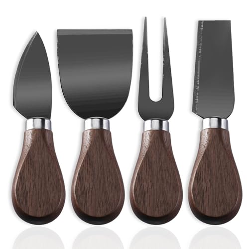 Linwnil 4-Piece Set of Stainless Steel Cheese Knives with Wood Hand, Including Cheese Slicer and Cheese Cutters, Essential Cheese Tools for the Kitchen (Walnut handle, Black) - color: Black