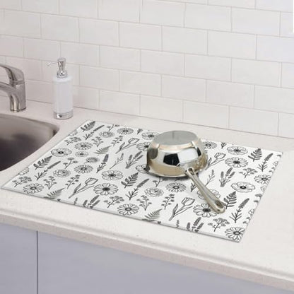 Black and White Floral Aesthetics Dish Drying Mat, for Kitchen Counter Microfiber Absorbent, Dish Draining Mat Extra Large 18"x24" - color: Black/White
