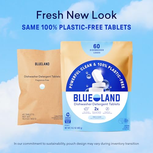 BLUELAND 100% Plastic-Free Dishwasher Detergent Tablets, 60 Count, Free & Clear, Eco-Friendly Dishwashing Pods, Cuts Grease & Stuck on Food, Rinses Clean for Streak-Free Shine - size: 60 Count (Pack of 1)