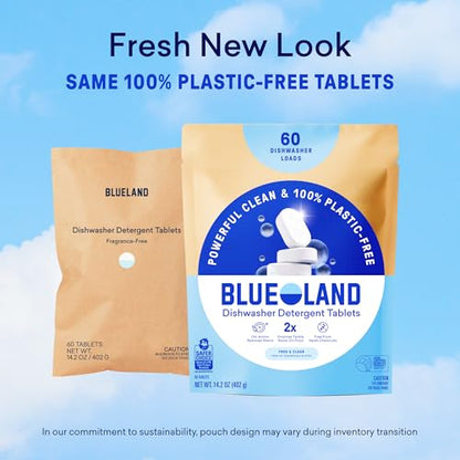 BLUELAND 100% Plastic-Free Dishwasher Detergent Tablets, 60 Count, Free & Clear, Eco-Friendly Dishwashing Pods, Cuts Grease & Stuck on Food, Rinses Clean for Streak-Free Shine - size: 60 Count (Pack of 1)