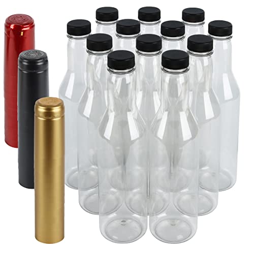 Pellah PET Plastic Bottles and caps,12 Oz 375 ml, With Screw Closures Lids And Black Heat Shrink Seals, For Hot Sauce Wine Alcohol Juice - color: Black Shrinks