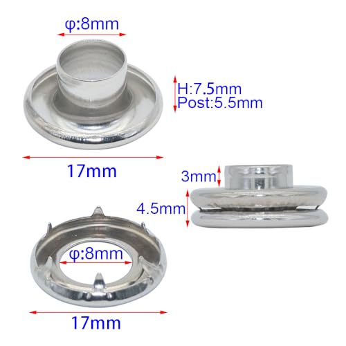 25 Sets 5/16 Inch Sewing Grommets Eyelets 304 Stainless Steel with Claw Washers Tool Kits for Shoes, Bead Cores, Clothes, Leather, Canvas, Banner (8mm Silver) - size: φ8x17mm Kits