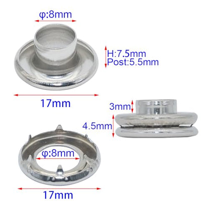 25 Sets 5/16 Inch Sewing Grommets Eyelets 304 Stainless Steel with Claw Washers Tool Kits for Shoes, Bead Cores, Clothes, Leather, Canvas, Banner (8mm Silver) - size: φ8x17mm Kits