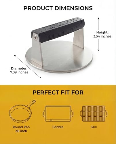 Stainless Steel Burger Smasher 2.70 LB – 7 Inch Steak Weight for Smash Burgers, Bacon, Sandwiches | Dishwasher Safe, Preheatable Protein Press with Silicone Handle | Commercial BBQ Tool - size: Φ7"