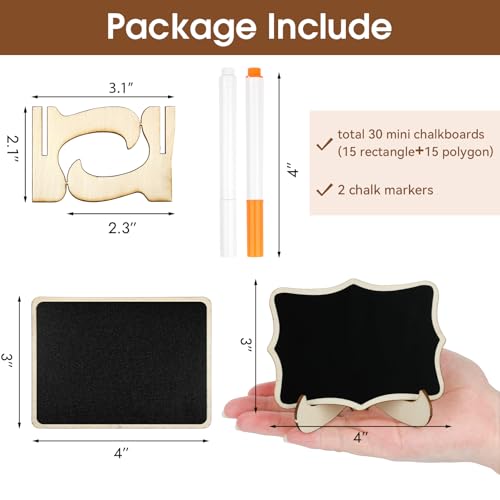 30 Pack Mini Chalkboard Signs, Food Labels for Party Buffet, Small Wooden Chalk Board Signs with Easel Stand & Markers, Reusable, Zero Residue Place Cards for Table Setting or Numbers, Outdoor Indoor - style: Rectangular+Polygonal
