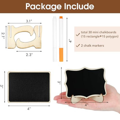 30 Pack Mini Chalkboard Signs, Food Labels for Party Buffet, Small Wooden Chalk Board Signs with Easel Stand & Markers, Reusable, Zero Residue Place Cards for Table Setting or Numbers, Outdoor Indoor - style: Rectangular+Polygonal