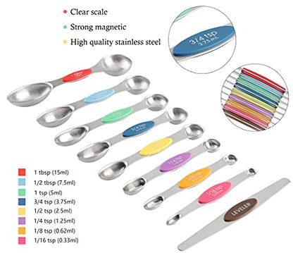 Measuring Cups and Spoons Set Stainless Steel Including 8 Stackable Measuring Cup 8 Double Sided Magnetic Measuring Spoons with 1 Leveler for Dry and Liquid Ingredients - color: Multicolor