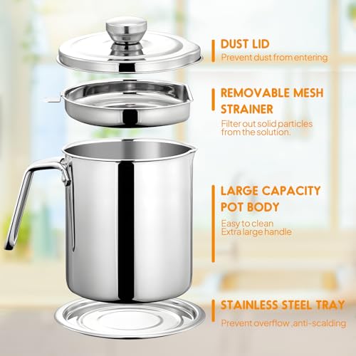 Chihee Grease Container Stainless Steel 2L / 67.6 fl oz Fine Mesh Strainer | Easy to Clean Large Spout Bacon Grease Saver Cooking Oil Keeper Stoarge Can with Dust-proof Lid Non-slip Tray Kitchen Frying - color: Silver(2L)