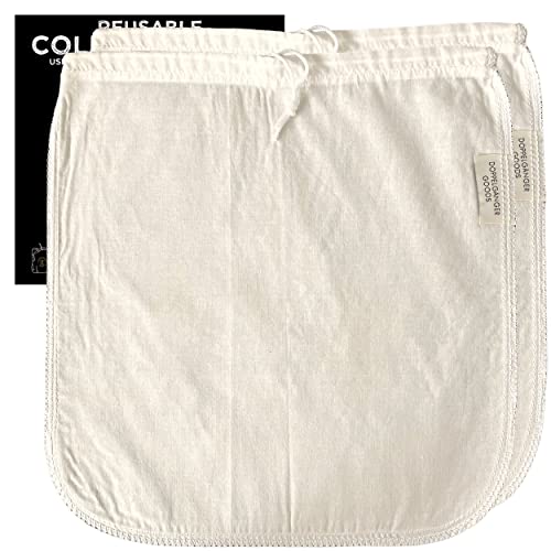 (2-Pack, Large 12in x 12in) Organic Cotton Cold Brew Coffee Bag - Designed in California - Reusable Coffee Filter with EasyOpen Drawstring Cold Brew Maker for Pitchers, Mason Jars, & Toddy Systems