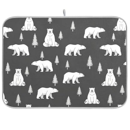 Polar Bears Trees Black Dish Drying Mat for Kitchen Counter Super Absorbent Draining Mat with Non-slip Backed Coffee Mat for Dish Bottles Cups Bowl Draining Racks Countertops Sinks