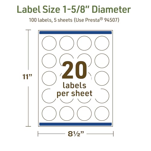 Avery Dissolvable Round Labels, Sure Feed Technology, 1-5/8" Diameter, Matte White, Print-to-The-Edge, Laser/Inkjet Printable, 100 Labels Total - style: 100 labels