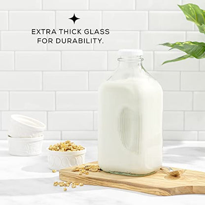 JoyJolt Glass Milk Bottles with Lids and Pourer – 64 Oz, 3 Pack Airtight Heavy Duty Reusable Glass Bottles, Leakproof, BPA-Free, Food Grade, Dishwasher Safe Jug, Pitcher for Milk, Juice, and Water - size: 64 Oz