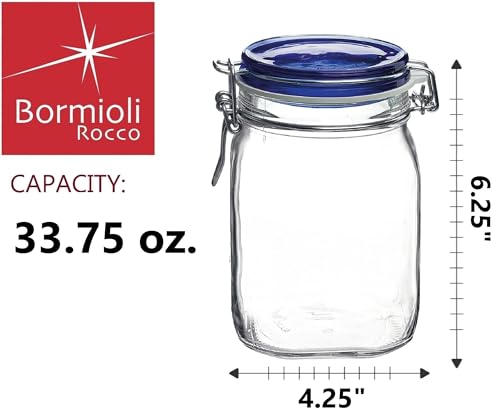 Bormioli Rocco Fido Square Jaw with Blue Lid, 33-3/4-Ounce, 33.75 Ounce, Clear - color: Clear, size: 33.75 fl oz