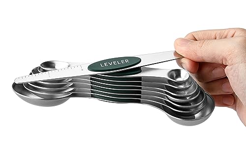 Spring Chef Stainless Steel Magnetic Measuring Spoons Set of 8 with Leveler, Stackable Magnetic Teaspoon & Tablespoon Set, Metal Kitchen Gadgets for Baking & Cooking, Fits in Spice Jars - Pine Green - color: Pine Green, size: 1-Pack