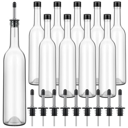 Maxdot 10 Pcs Long Neck Glass Bottles with Pourer Bordeaux Wine Bottle Clear Empty Wine Syrup Juice for Home Bar Liquor Juice Making Wedding Anniversary Party(Stainless)