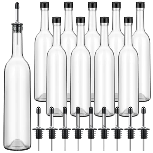 Maxdot 10 Pcs Long Neck Glass Bottles with Pourer Bordeaux Wine Bottle Clear Empty Wine Syrup Juice for Home Bar Liquor Juice Making Wedding Anniversary Party(Stainless)