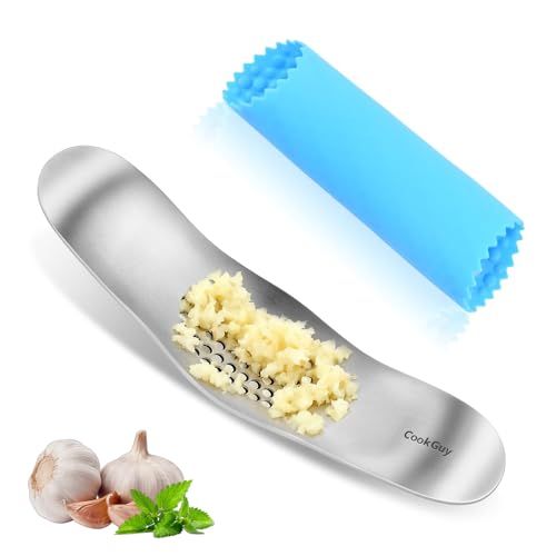 Cook Guy Garlic Press Rocker Set -304 Stainless Steel Premium All-Steel Garlic Mincer, Crusher, Peeler, and Scraper Tool for Effortless Mincing –Dual-Handle Garlic Grinder(B0201) - color: Silver