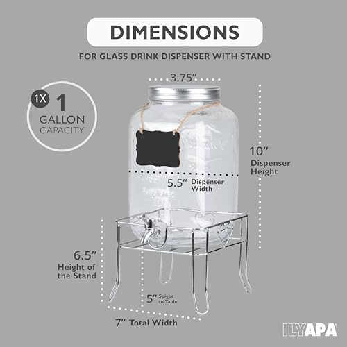 Ilyapa Outdoor Glass Beverage Dispenser with Sturdy Metal Base, Stainless Steel Spigot & Hanging Chalkboard - 1 Gallon Drink Dispenser