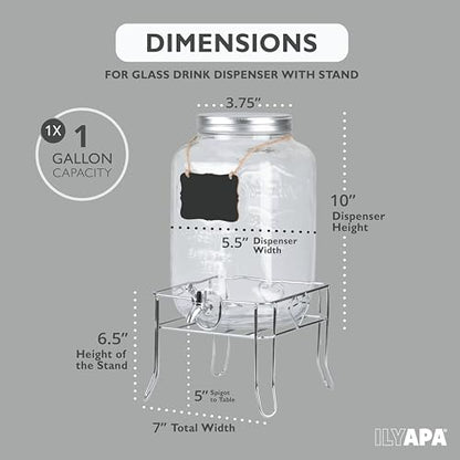 Ilyapa Outdoor Glass Beverage Dispenser with Sturdy Metal Base, Stainless Steel Spigot & Hanging Chalkboard - 1 Gallon Drink Dispenser