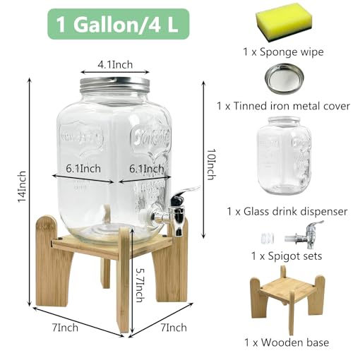 Tfwadmx 1 Gallon Drink Dispenser for Parties, Beverage Dispenser With Wood Stand Lemonade Dispenser Iced Tea Pitcher Party Beverage Dispenser for Lemonade, Juice, Punch, Water, Outdoor, Daily Use - size: Style 1
