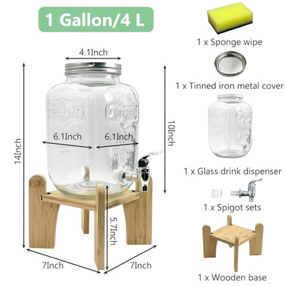 Tfwadmx 1 Gallon Drink Dispenser for Parties, Beverage Dispenser With Wood Stand Lemonade Dispenser Iced Tea Pitcher Party Beverage Dispenser for Lemonade, Juice, Punch, Water, Outdoor, Daily Use - size: Style 1