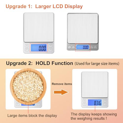 BOMATA 0.01g Small Digital Gram Scale, USB Rechargeable, Upgraded 1kg Jewelry Scale with Larger Display and Hold Function, High Precision, Grams and oz for Herb, Coin, Powder, Gold, Yeast, Kitchen - size: 0.01g/1kg Silver