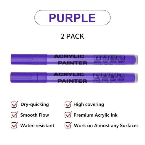 Acrylic Paint Pens Waterproof Markers 2 Purple Permanent Marker Pens Acrylic Pens for Rock Painting Glass Stone Ceramic Metal Fabric Pebble Painting pens Craft Supplies - color: Purplw