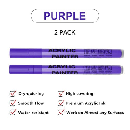 Acrylic Paint Pens Waterproof Markers 2 Purple Permanent Marker Pens Acrylic Pens for Rock Painting Glass Stone Ceramic Metal Fabric Pebble Painting pens Craft Supplies - color: Purplw